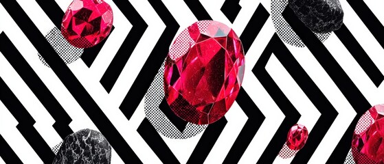 Poster - Vibrant Red Gemstones on Bold Black and White Zigzag Pattern  Abstract Luxury Background