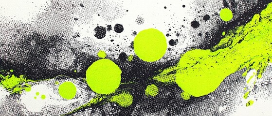 Poster - Abstract neon green and black ink splatter on white canvas with halftone pattern Modern art concept of vibrant color, texture, and artistic expression