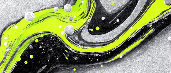 Poster - Abstract neon green and black fluid art with spheres, swirling ink pattern in a modern design Concept of creativity, energy, and dynamic movement