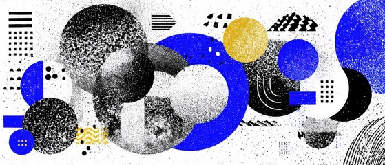 Poster - Abstract geometric background with circles, squares, and lines in blue, black, and gold Modern art design with grainy texture for posters and banners