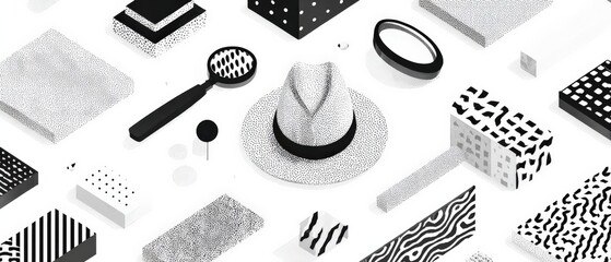 Poster - Isometric black and white pattern with fedora hat, magnifying glass, and geometric shapes Concept of detective, investigation, and abstract design