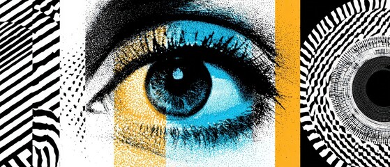 Poster - Abstract eye illustration with halftone and geometric patterns in blue, yellow, and black Concept of vision, art, and optical illusion