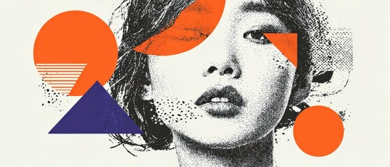 Poster - Abstract Asian Woman Portrait with Geometric Shapes in Orange and Blue Modern artistic design with halftone texture and bold colors for creative projects