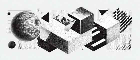 Poster - Abstract Monochrome Stipple Illustration: Geometric Shapes, Cubes, and Celestial Body  Modern Art Design