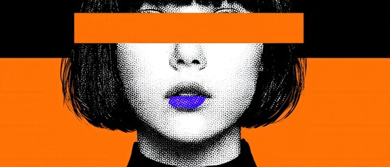 Sticker - asian woman with short hair in halftone pattern with orange and black abstract shapes concept of mod