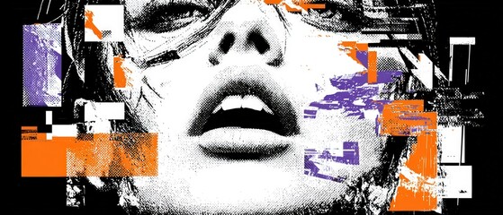 Poster - Abstract halftone portrait of a young woman with glitch art elements in orange and purple, creating a modern and edgy digital art design