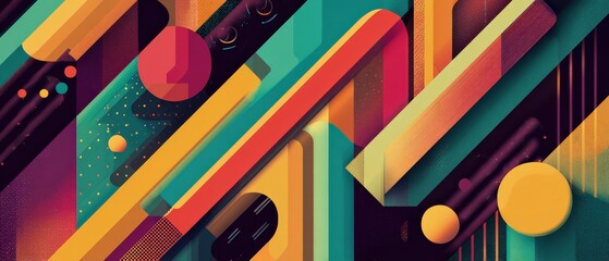 Poster - Retro geometric background with colorful shapes and lines in diagonal composition Concept of abstract design, modern art, and vibrant pattern