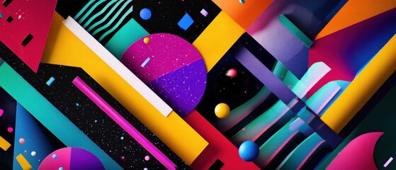 Poster - Vibrant geometric shapes in a dynamic abstract composition with bold colors and retro design elements Concept of modern art, creative background, and colorful pattern
