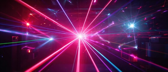 Poster - Vibrant laser show with colorful beams in a dark room, creating a dynamic and energetic atmosphere Concept of entertainment, nightlife, and modern technology