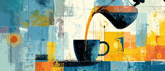 Poster - Abstract Coffee Art: Pouring Coffee into a Cup with Modern Geometric Shapes and Vibrant Colors for Morning Energy