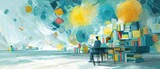 Man reading book at desk surrounded by colorful books in abstract library Concept of knowledge, education, learning, imagination, and creativity