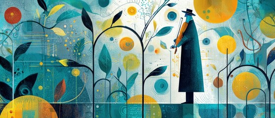 Poster - Abstract man playing violin in a surreal garden with vibrant colors and geometric shapes Artistic concept of music, nature, and imagination
