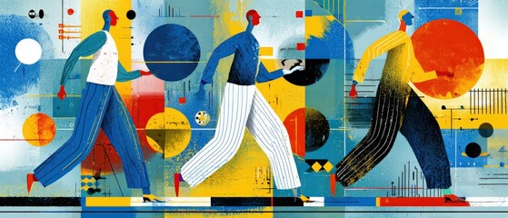 Poster - Abstract illustration of three people walking with geometric shapes and vibrant colors Concept of teamwork, collaboration, and progress in a modern art style