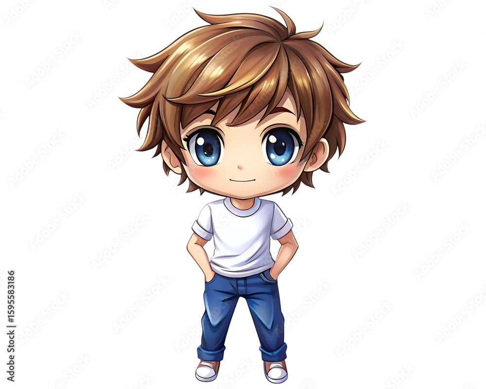 Cute chibi anime boy with spiky brown hair and blue eyes wearing a ...