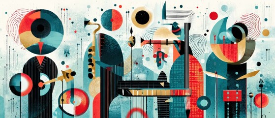 Poster - Vibrant abstract jazz music illustration with saxophone, trumpet, and piano in a colorful and modern artistic style Concept of musical expression, creativity, and performance