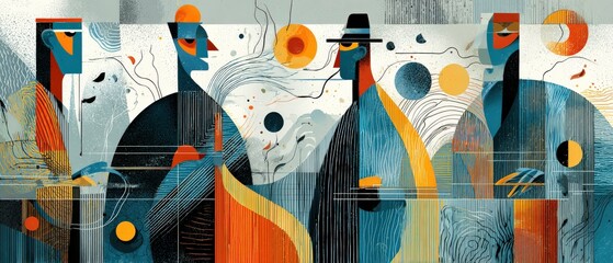 Poster - Abstract Cubist Figures in Blue and Orange, Modern Art Style with Geometric Shapes and Bold Colors