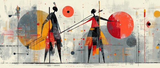 Poster - Abstract African tribal art with two figures in traditional clothing, geometric shapes and vibrant colors Concept of cultural heritage, artistic expression, and ethnic identity
