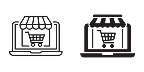 Shopping cart icon on monitor in black and white bold computer interface concept of digital retail e commerce platforms online marketplaces outline and silhouette