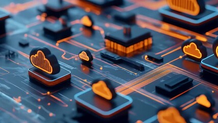 Abstract illustration of a digital circuit board design with glowing cloud symbols and a blurred background showcasing network data processing