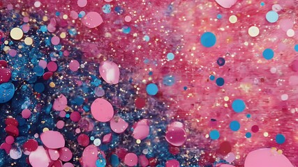 Poster - Abstract macro image of pink and blue ink mixing. With floating bubbles and sparkling elements. High-angle close-up vibrant color