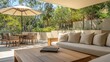 © Pen - Outdoor patio area with dining and lounge furniture under a sunshade
