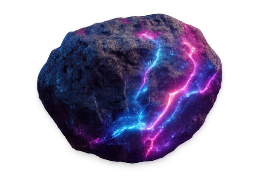 3d rendering of a dark rock with glowing cracks, isolated on transparent background, ideal for compositing