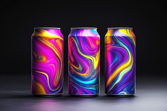 Three colorful drink cans with abstract designs