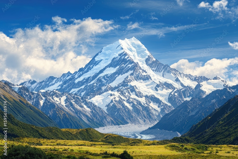 Majestic mountain peak, capped with snow, rises above a valley. Vast ...