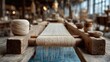 © Khan - Traditional weaving loom with threads in motion wood detail and cultural setting ideal for heritage craft and process