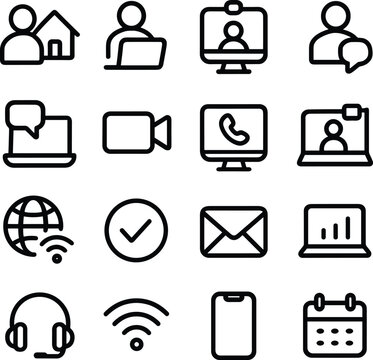 Simple Outline Line Art Icon Set About Communication and Online Meeting
