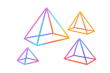 Aufkleber - Neon geometric pyramids varying in size, hovering against transparent backdrop, representing modern digital design concept