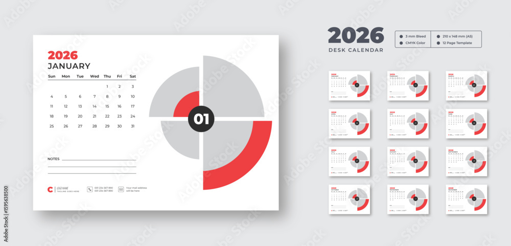 2026 desk calendar design template | Week starts on Sunday | 12-month ...