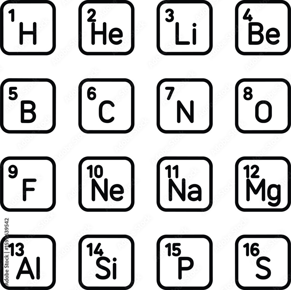 Clean Line Periodic Table Element Icon Set with Atomic Number Stock Vector  | Adobe Stock, image size:1000x995