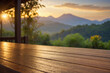 © faisal - Clean wooden table on villa deck with distant bokeh view of mountain forest landscape under soft golden sunlight providing relaxing visual of peaceful outdoor scene in a natural setting,