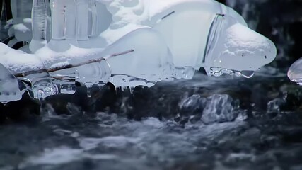 Poster - Close up of ice formations in a stream with flowing water, snow covered branches, ice and water details
