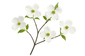 Poster - Flowering dogwood branch with pristine white blossoms and verdant foliage, isolated against transparent backdrop