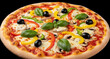 © WESLEY - Vegetarian Pizza with Bell Peppers, Olives, and Basil on Black Background