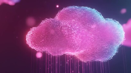Poster - Illuminated cloud with glowing particles and rain effect against a dark background showcasing digital technology concept.