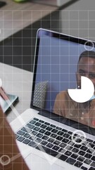 Poster - Animation of financial data processing over diverse business people on laptop video call