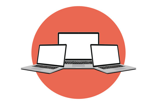 Three laptops with blank white screens arranged against a large orange circle on a white background