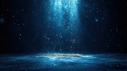 Wall Mural - Mysterious blue light particles shimmering and falling onto a dark textured surface creating a magical glowing atmosphere