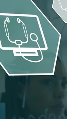 Poster - Animation of scientific icons in hexagons over african american coworkers in office