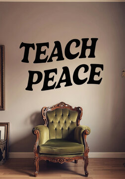 An ornate green velvet armchair sits beneath the words 