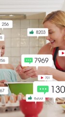 Poster - Animation of icons with growing number over caucasian woman and her daughter baking together