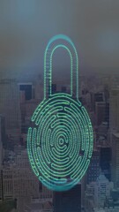 Poster - Animation of digital padlock with biometrics pattern over aerial view of cityscape against sky