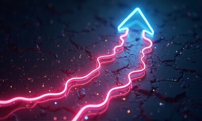 Poster - A glowing neon arrow ascends, its path a vibrant pink and blue wave on a dark, textured surface.  The arrow symbolizes progress and overcoming challenges.
