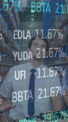 Poster - Animation of financial data processing over men and woman working in warehouse