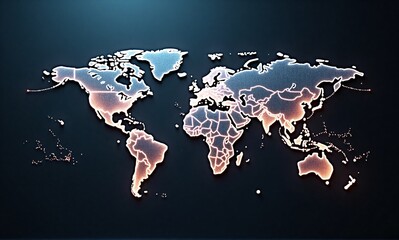 Poster - A glowing, 3D world map with illuminated country borders against a dark background.  The map showcases global connectivity and international relations.
