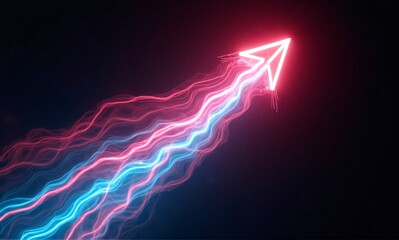 Poster - A vibrant neon arrow, emitting pink and blue energy trails, streaks across a dark background.  The arrowhead glows brightly, symbolizing rapid, forward movement.