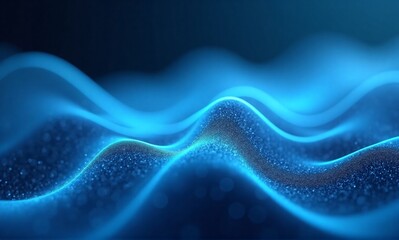 Poster - Dynamic abstract blue waves shimmer with tiny glowing particles, evoking a sense of data streams, liquid energy, or futuristic motion.